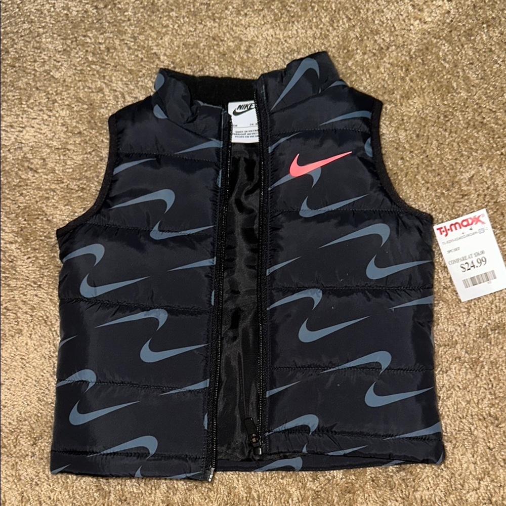 Nike Black and Gray Puffer Vest with Pink Swoosh